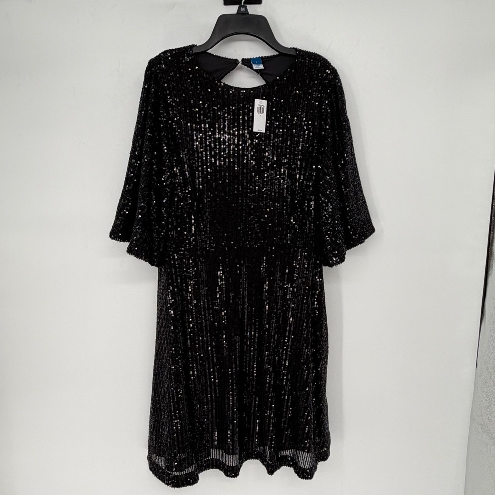 Old Navy Black Sequin Mini Dress Flutter Sleeve Keyhole Back Size L NWT